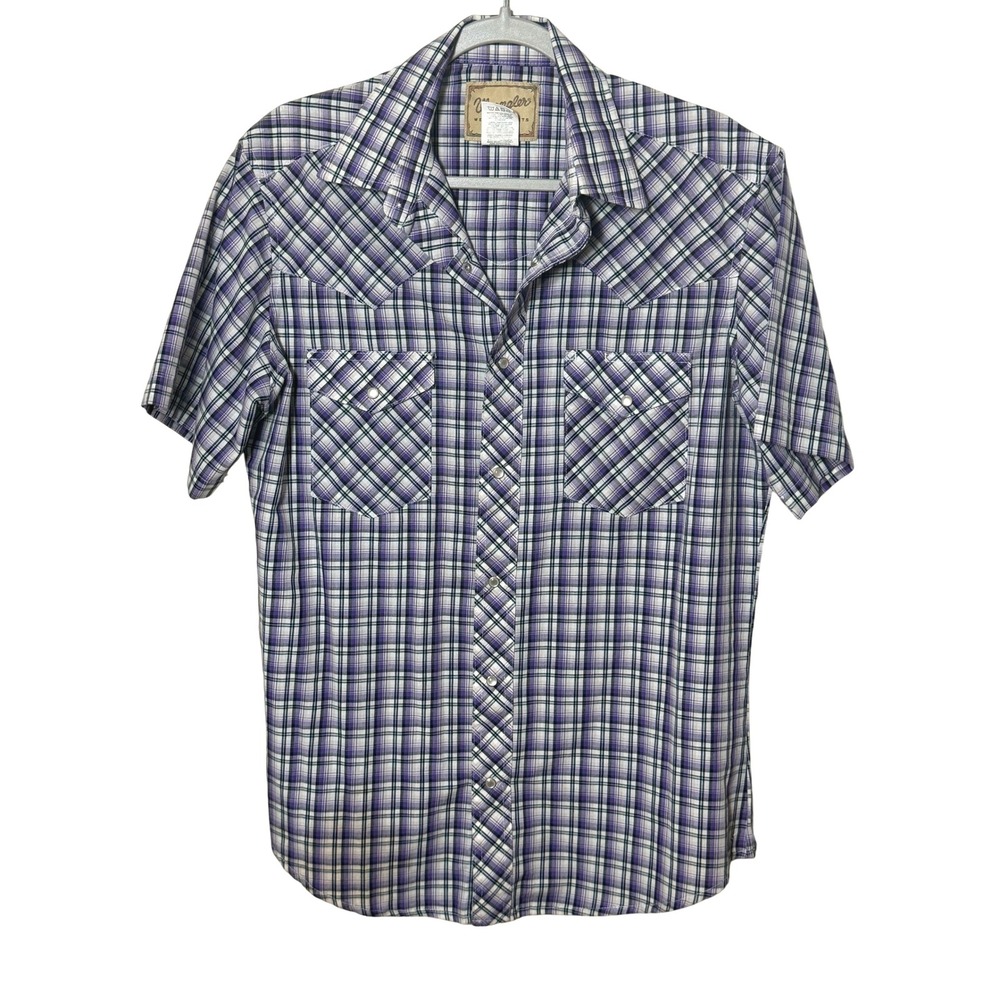 Wrangler Western Pearl‎ Snap Shirt Purple Plaid Short Sleeve Snap Button Up